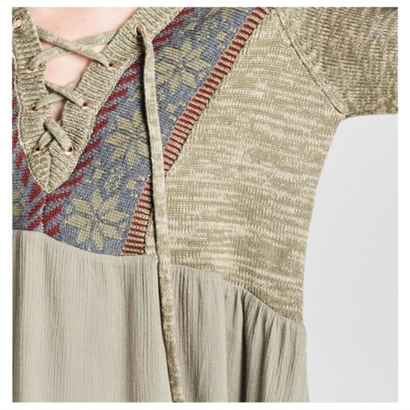 Boho Olive Green Lace-Up Neckline Top Peasant Tunic Long Sleeve Blouse NWOT‎ - Picture 4 of 8